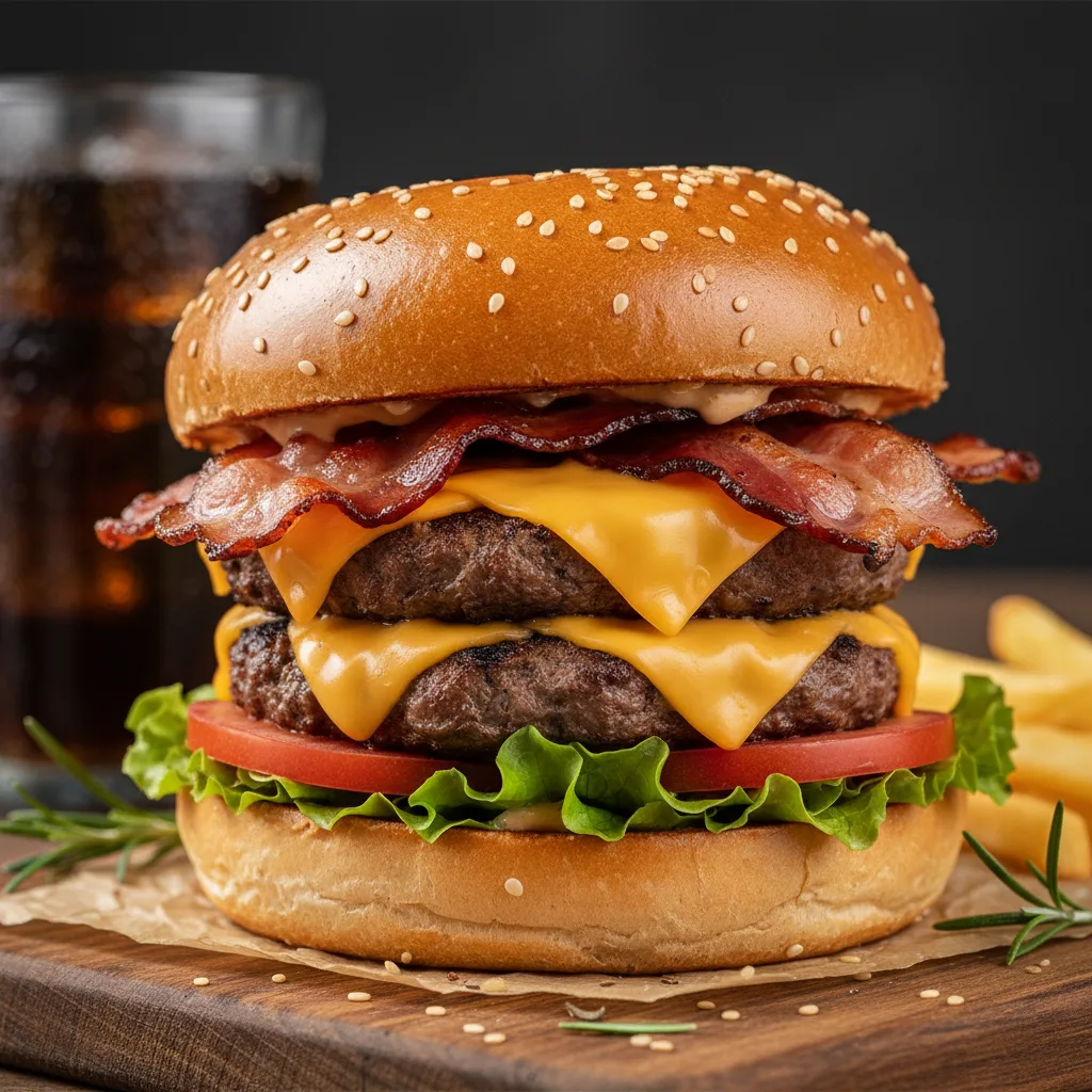Juicy double cheeseburger stacked with bacon, cheese, lettuce and tomato on a toasted sesame bun