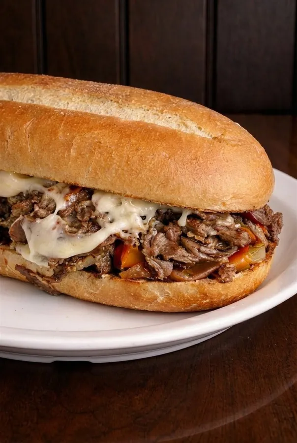 Loaded Philly cheesesteak sandwich with grilled peppers, onions and melted cheese on a toasted hoagie
