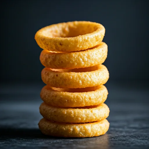Rustic close-up of a massive stack of crispy beer-battered onion rings